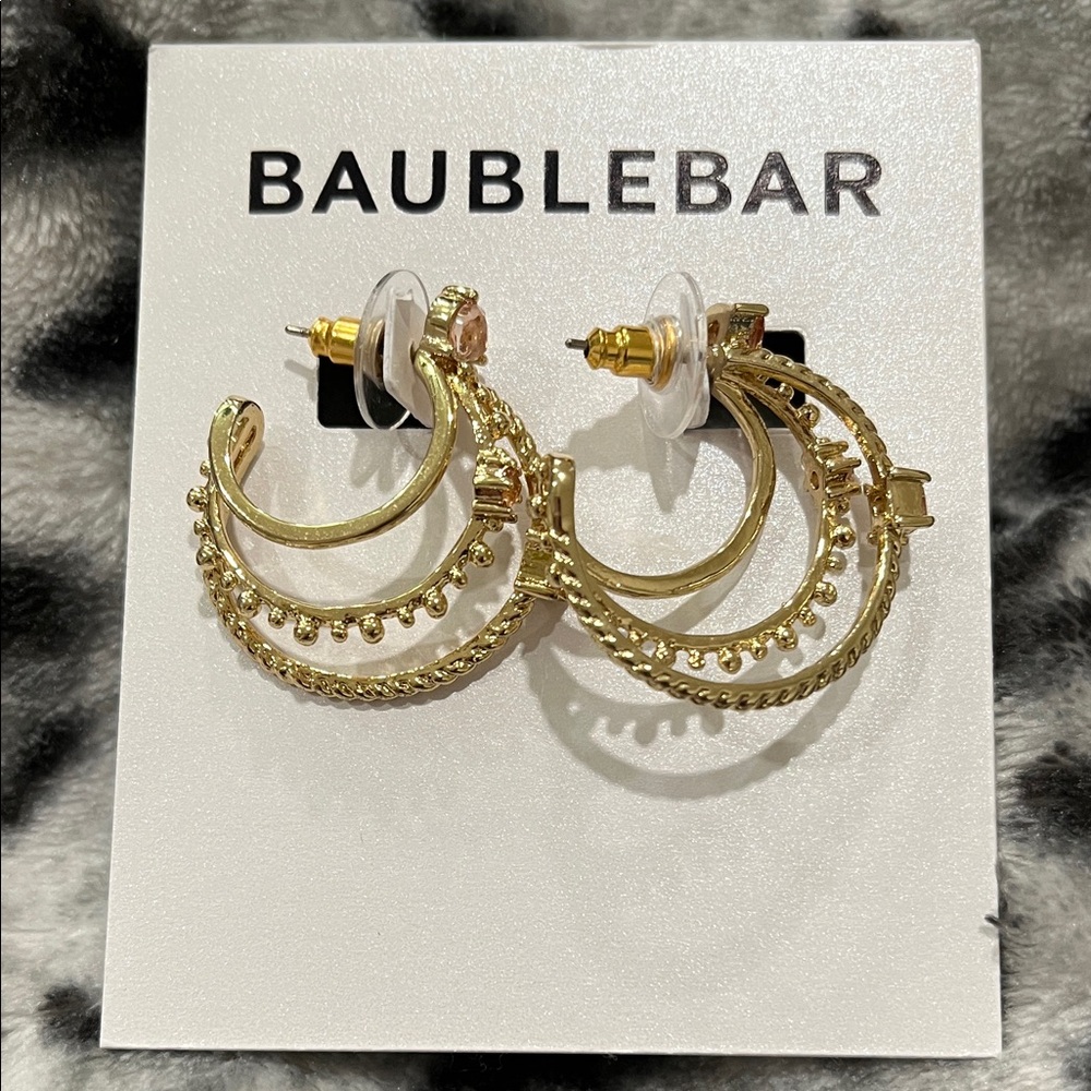 New BaubleBar Gold Crystal Triple Hoop Earrings